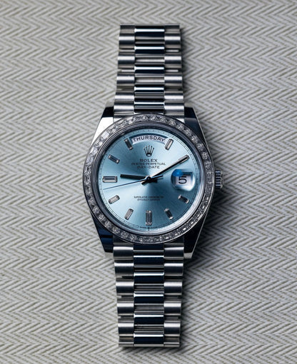 Rolex Day-Date Platinum “Ice Blue” Diamond Dial and bezel 40mm