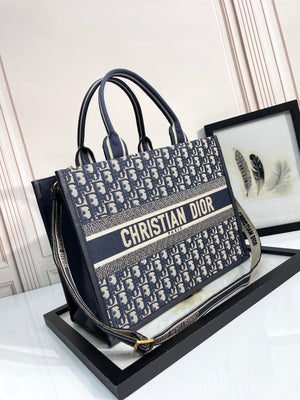 Christian Dior Book Tote Blue Oblique Embroidered Canvas Shoulder Bag