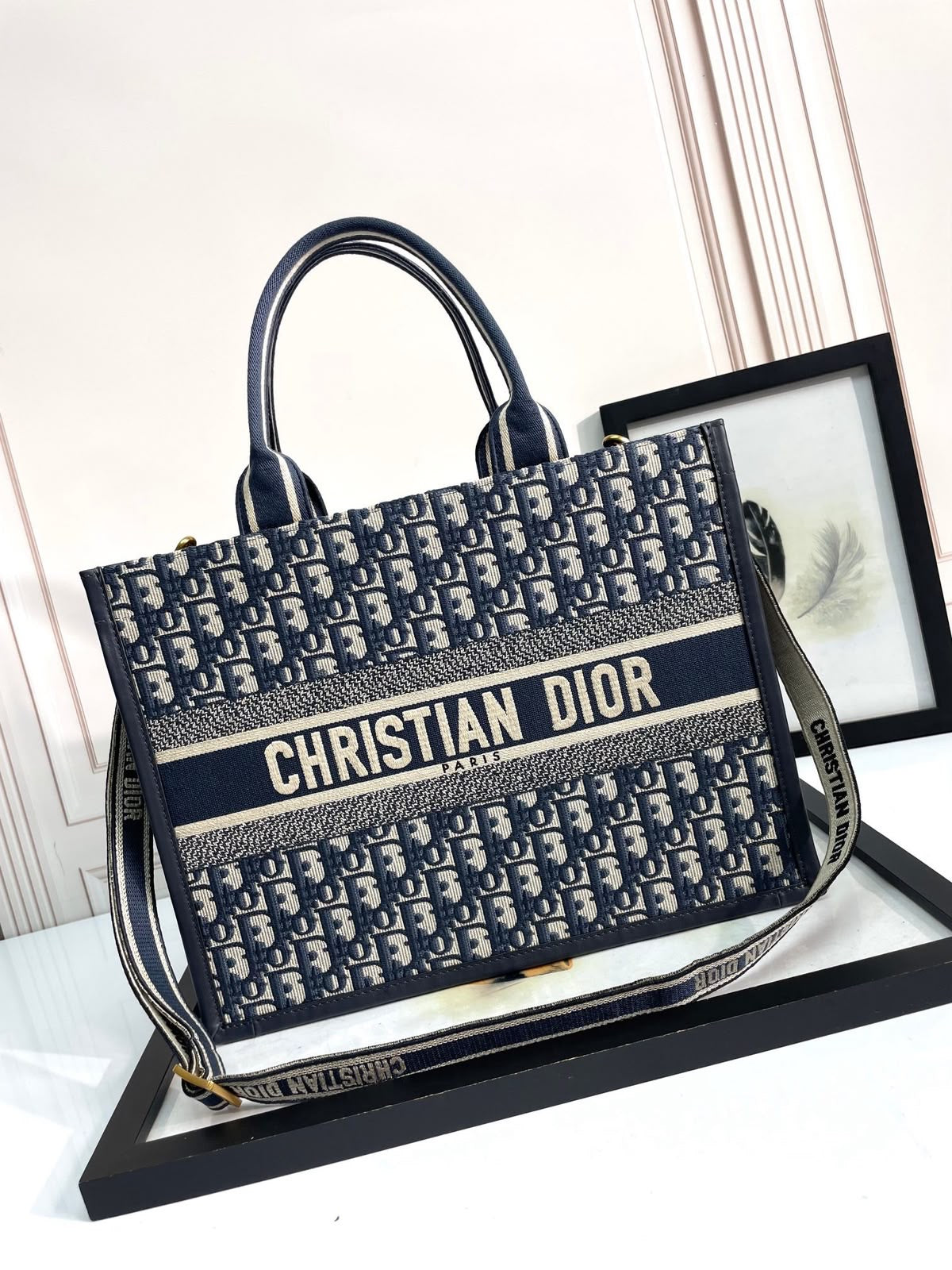 Christian Dior Book Tote Blue Oblique Embroidered Canvas Shoulder Bag
