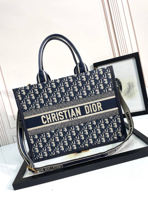 Christian Dior Book Tote Blue Oblique Embroidered Canvas Shoulder Bag