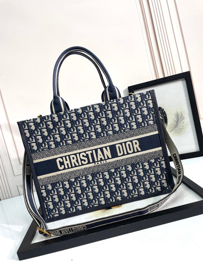 Christian Dior Book Tote Blue Oblique Embroidered Canvas Shoulder Bag