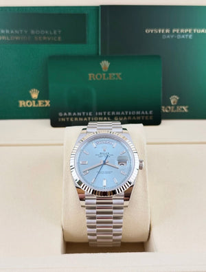 Rolex Day-Date Platino “Azul Glaciar” Esfera de Diamantes 36 mm