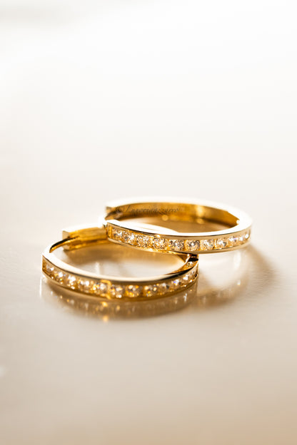 14k Real Solid Yellow and white Gold with cubic diamond, Hoop Earrings