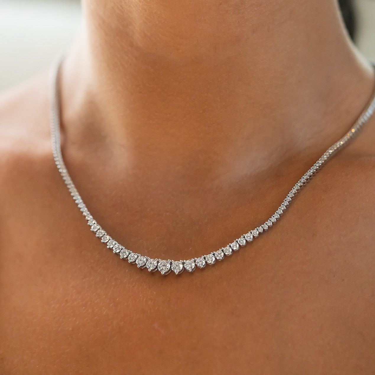14k Real Solid white Gold Riviera Necklace with round Lab grown diamonds