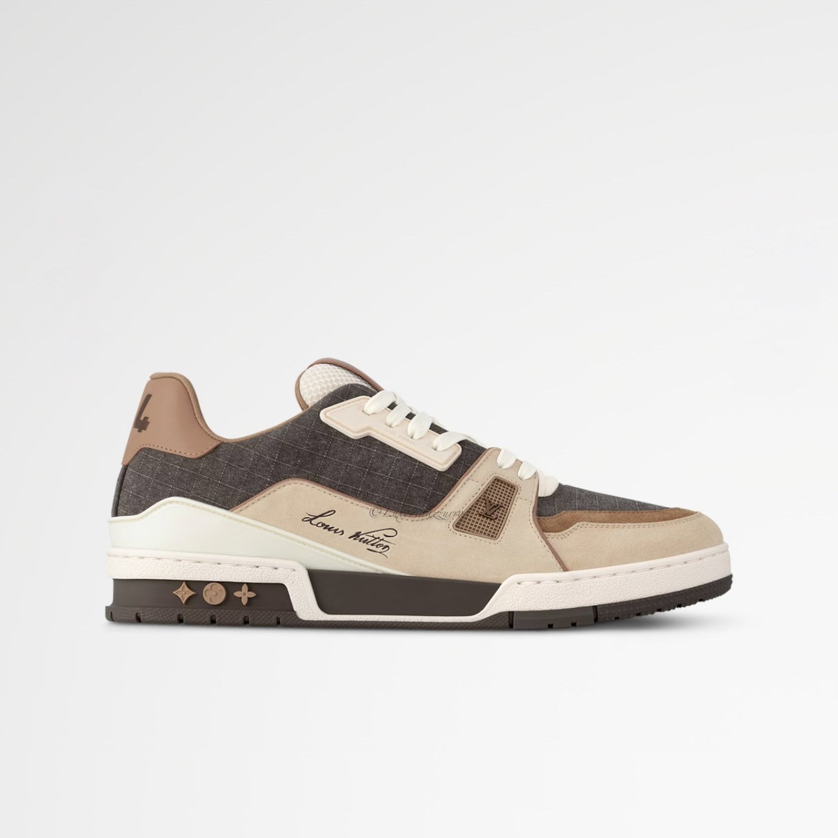 Brown and beige sneaker with white sole on a light gray background