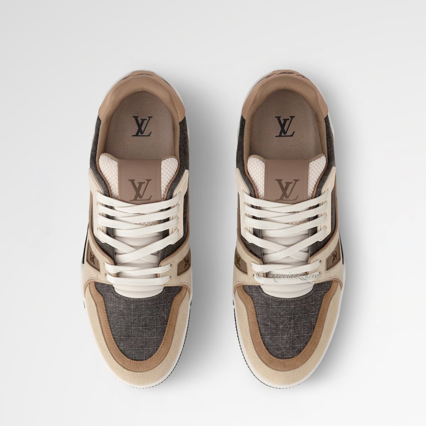 Pair of Louis Vuitton sneakers on a light gray background